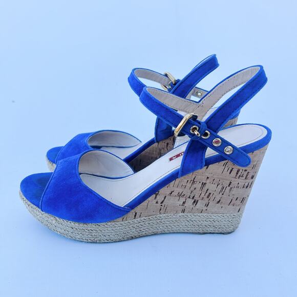 Prada Authentic Suede Blue Espadrille Cork Wedges Sandals 39 Heels 9 Dust Bag - Picture 7 of 11